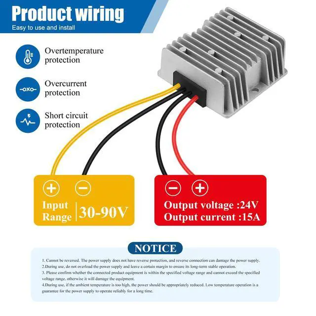 Alt view image 3 of 7 - 360W 24A 15V DC-DC Buck Converter 36V 48V 60V 72V 84V to 24V 15A Transformer - 30-90V Step Down to 24V Waterproof Power Supply with Fuse for Golf Cart/Truck/RVs/Marine/Solar