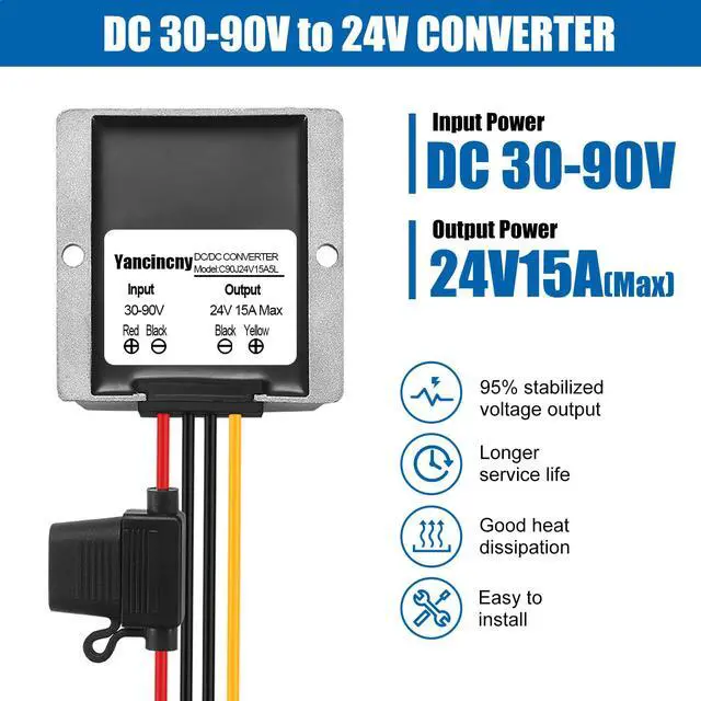 Alt view image 2 of 7 - 360W 24A 15V DC-DC Buck Converter 36V 48V 60V 72V 84V to 24V 15A Transformer - 30-90V Step Down to 24V Waterproof Power Supply with Fuse for Golf Cart/Truck/RVs/Marine/Solar