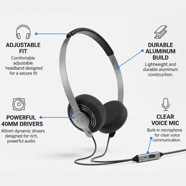Alt view image 3 of 7 - Gadhouse Wesley Wired On-Ear Headphones with Microphone 40mm Dynamic Drivers, Retro 80s Style Headphones for Music & Calls, Lightweight PU Leather Headband, Includes USB-C & 6.35mm Adapters, 105g