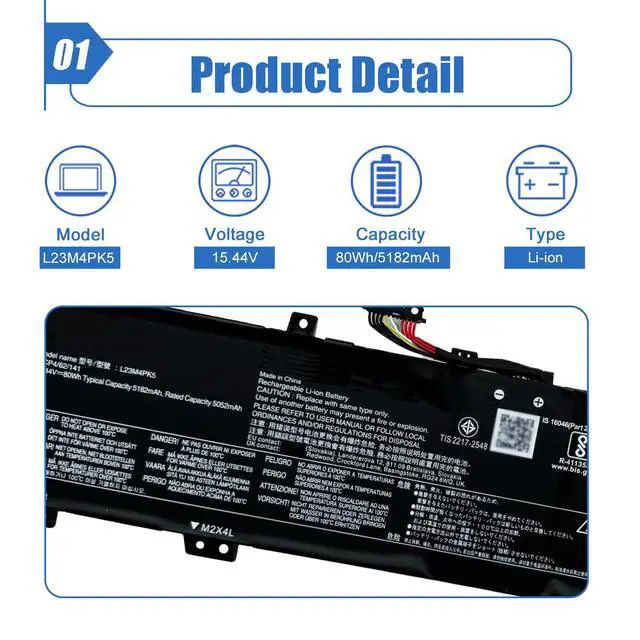Alt view image 2 of 6 - 80Wh 5182mAh L23M4PK5 Laptop Battery Compatible with Lenovo Legion 5i(16 Gen 9) / Y7000P IRX9 2024 / Legion 5 16IRX9 83EW 83DG Series Notebook L23B4PK5 L23C4PK5 L23D4PK5 L23L4PK5