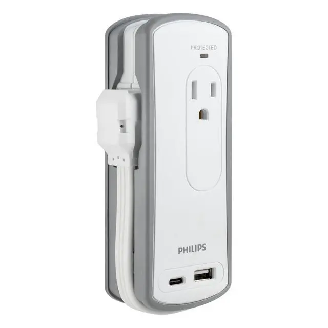 Alt view image 2 of 7 - 2-Outlet Travel Surge Protector, 2 USB 1A/1C, 5V/3.4A, 300J, 1 Ft, Grey/White, SPP2111WA/37