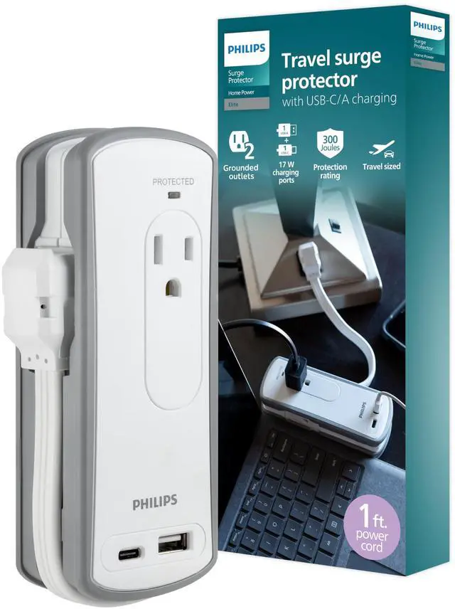 Main image of 2-Outlet Travel Surge Protector, 2 USB 1A/1C, 5V/3.4A, 300J, 1 Ft, Grey/White, SPP2111WA/37
