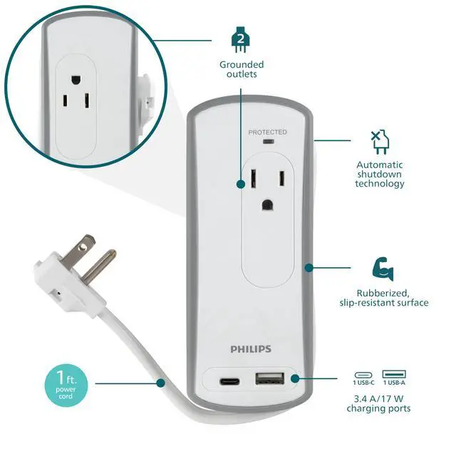 Alt view image 3 of 7 - 2-Outlet Travel Surge Protector, 2 USB 1A/1C, 5V/3.4A, 300J, 1 Ft, Grey/White, SPP2111WA/37