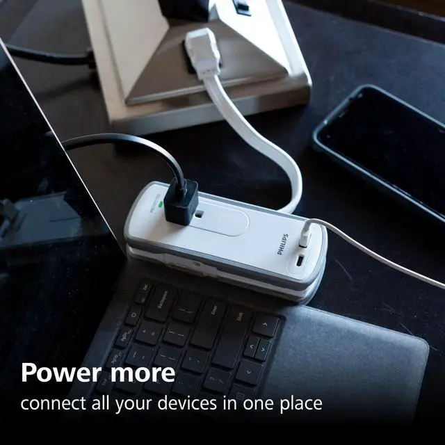Alt view image 5 of 7 - 2-Outlet Travel Surge Protector, 2 USB 1A/1C, 5V/3.4A, 300J, 1 Ft, Grey/White, SPP2111WA/37