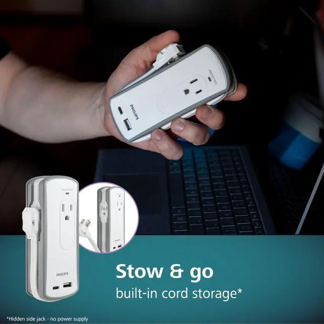 Alt view image 4 of 7 - 2-Outlet Travel Surge Protector, 2 USB 1A/1C, 5V/3.4A, 300J, 1 Ft, Grey/White, SPP2111WA/37