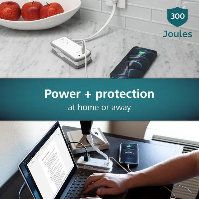 Alt view image 6 of 7 - 2-Outlet Travel Surge Protector, 2 USB 1A/1C, 5V/3.4A, 300J, 1 Ft, Grey/White, SPP2111WA/37
