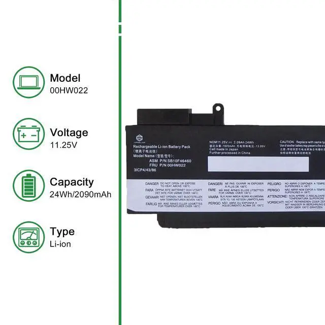 Alt view image 2 of 6 - 00HW022 Laptop Battery Replacement for Lenovo ThinkPad T460s T470s Series Notebook SB10F46460 00HW023 SB10F46461 00HW036 SB10F46474 00HW037 SB10F46475 Black 11.25V 24Wh 2090mAh