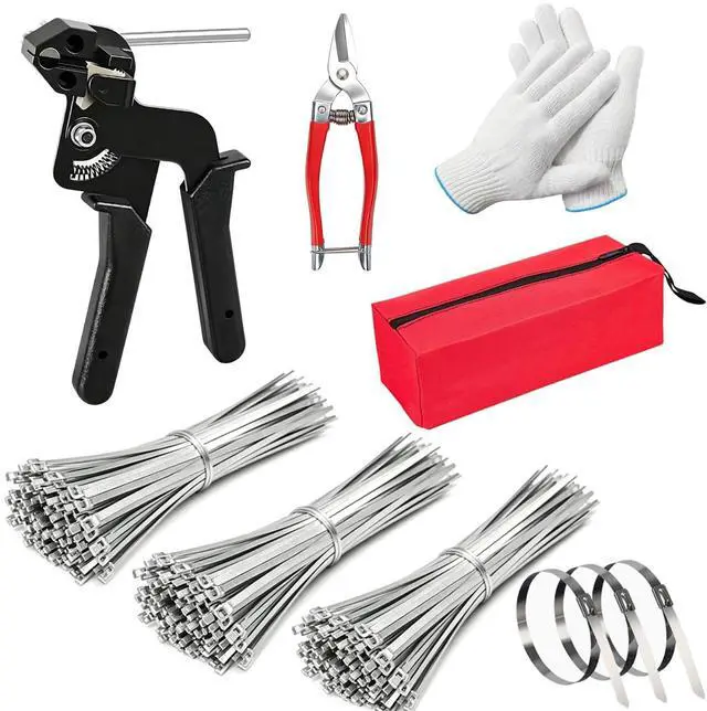 Main image of 11.8in heavy-duty metal cable ties, 300 piece metal cable tie gun set | 304 stainless steel, multi-functional self-locking cable tie tool set, suitable for outdoor fencing, farms, and pipe bundling