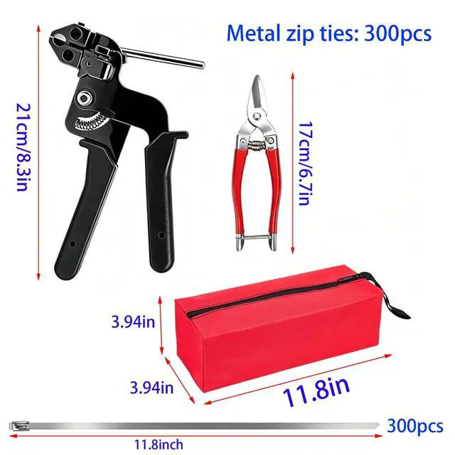 Alt view image 2 of 7 - 11.8in heavy-duty metal cable ties, 300 piece metal cable tie gun set | 304 stainless steel, multi-functional self-locking cable tie tool set, suitable for outdoor fencing, farms, and pipe bundling
