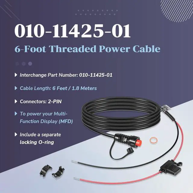 Alt view image 3 of 6 - 010-11425-01 Threaded Power Cable 6ft./1.8m - fit for Garmin GLS, GPSMAP, GSD, LiveScope - Include Locking Ring, Replace for Garmin 010-11425-01 Threaded Power Cable f/GLS 10