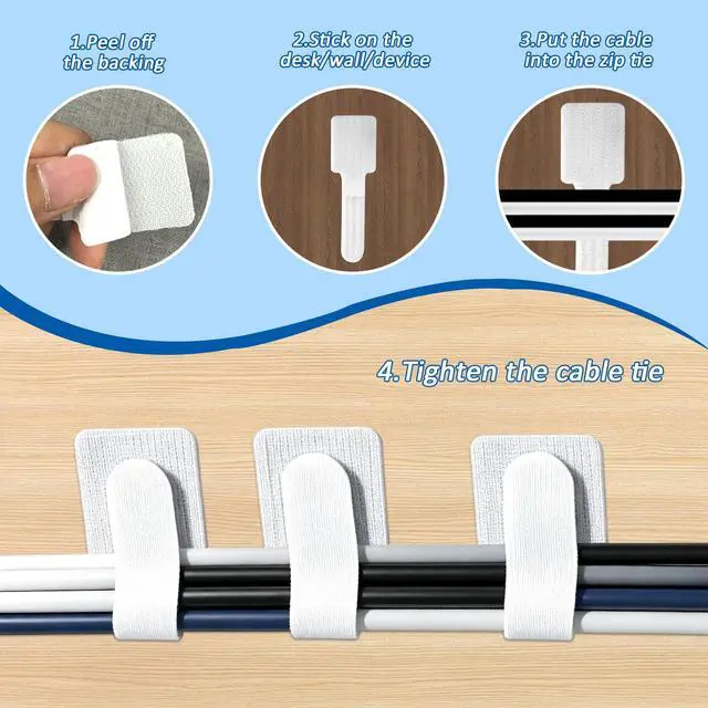 Alt view image 4 of 7 - 300 Pcs Hook and Loop Cable Ties,Cable Management Under Desk,White | Self Adhesive Hook and Loop Cable Straps,Computer Cord Organizer,Adjustable Cable Ties for Home, Office