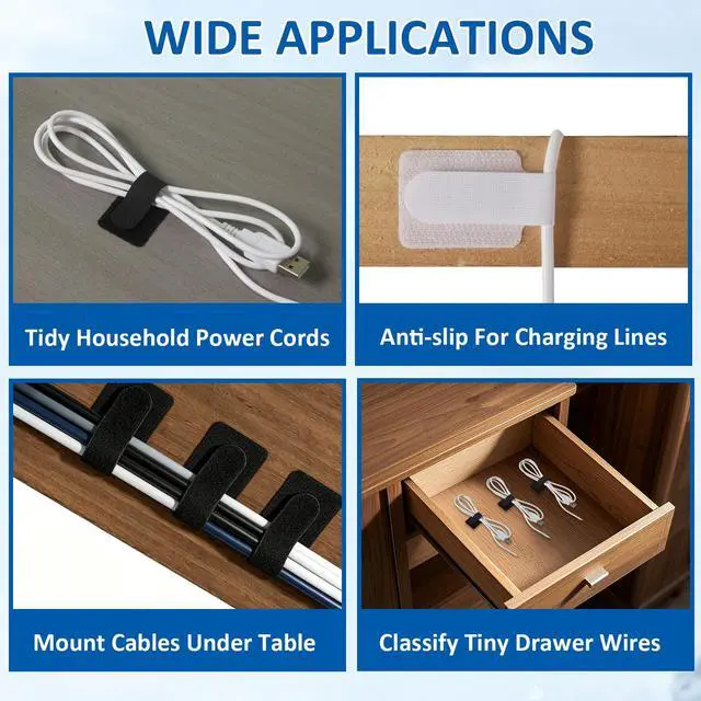 Alt view image 6 of 7 - 300 Pcs Hook and Loop Cable Ties,Cable Management Under Desk,Black | Self Adhesive Hook and Loop Cable Straps,Computer Cord Organizer,Adjustable Cable Ties for Home, Office