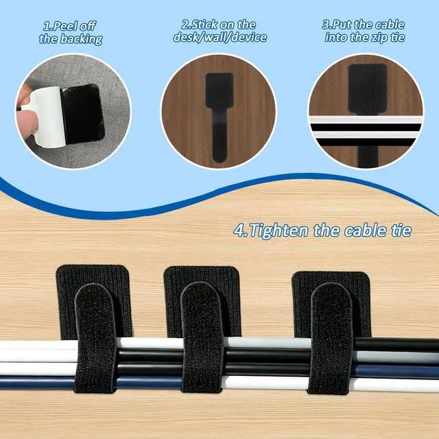 Alt view image 4 of 7 - 300 Pcs Hook and Loop Cable Ties,Cable Management Under Desk,Black | Self Adhesive Hook and Loop Cable Straps,Computer Cord Organizer,Adjustable Cable Ties for Home, Office