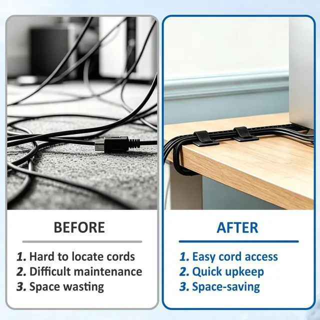 Alt view image 3 of 7 - 300 Pcs Hook and Loop Cable Ties,Cable Management Under Desk,Black | Self Adhesive Hook and Loop Cable Straps,Computer Cord Organizer,Adjustable Cable Ties for Home, Office