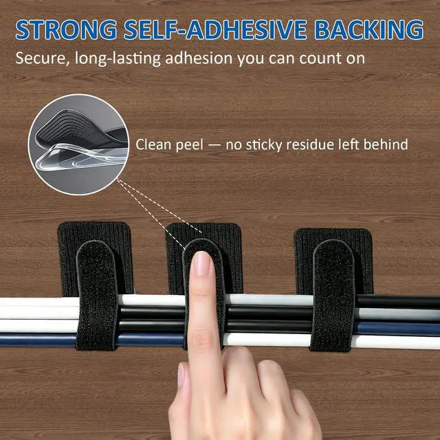 Alt view image 5 of 7 - 300 Pcs Hook and Loop Cable Ties,Cable Management Under Desk,Black | Self Adhesive Hook and Loop Cable Straps,Computer Cord Organizer,Adjustable Cable Ties for Home, Office