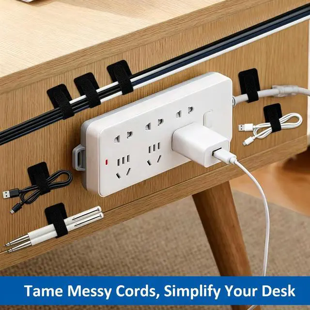 Alt view image 7 of 7 - 300 Pcs Hook and Loop Cable Ties,Cable Management Under Desk,Black | Self Adhesive Hook and Loop Cable Straps,Computer Cord Organizer,Adjustable Cable Ties for Home, Office