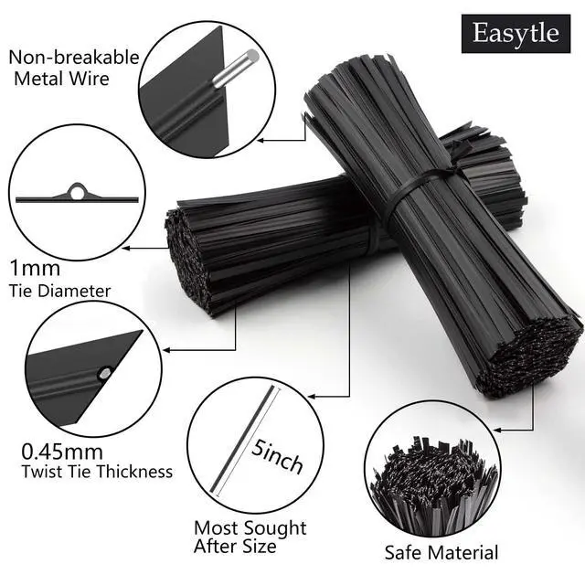Alt view image 2 of 7 - 5000 Pcs Black Plastic Coated Twist Ties, 5" Cable Ties, Bread Ties, Reusable, Heavy Duty, Wire Twist Ties for Home, Office, Industry