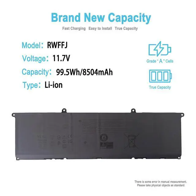 Alt view image 2 of 7 - 99.5Wh RWFFJ Replacement Laptop Battery for DELL XPS 16 9640 2024 Series Notebook 0WPGCC WPGCC 0400FY J8FK9 0J8FK9 451-BDGK 11.7V 8504mAh 6-Cell