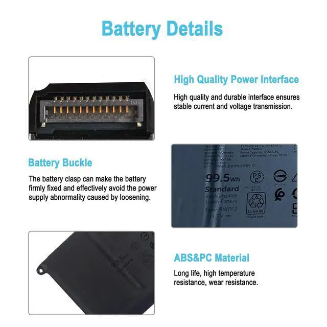 Alt view image 3 of 7 - 99.5Wh RWFFJ Replacement Laptop Battery for DELL XPS 16 9640 2024 Series Notebook 0WPGCC WPGCC 0400FY J8FK9 0J8FK9 451-BDGK 11.7V 8504mAh 6-Cell