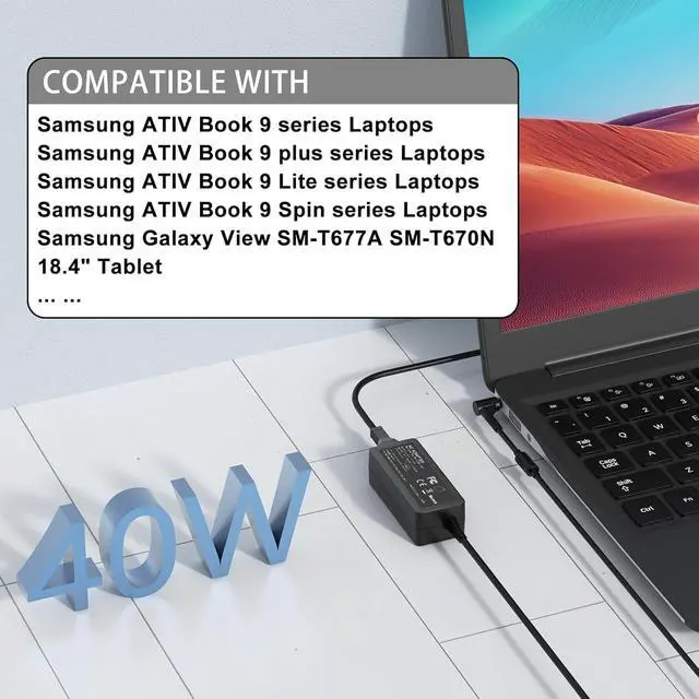 Alt view image 4 of 7 - 40W Laptop Charger for Samsung ATIV Book 9/9 Plus/9 Lite/9 Spin, 19.5V Computer Charger for Samsung Galaxy Book - Fit with A13-040N2A, PA-1400-96, AD-4019A - 3.0 * 1.0mm Connector Power Adapter