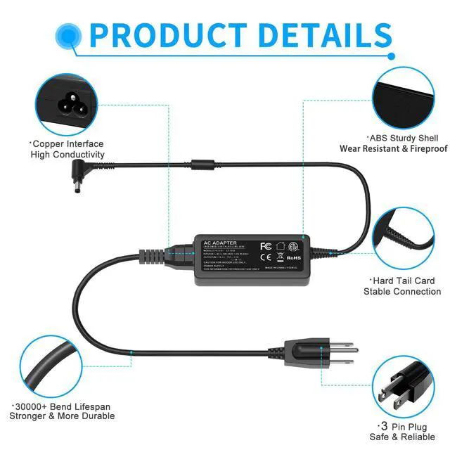 Alt view image 7 of 7 - 40W Laptop Charger for Samsung ATIV Book 9/9 Plus/9 Lite/9 Spin, 19.5V Computer Charger for Samsung Galaxy Book - Fit with A13-040N2A, PA-1400-96, AD-4019A - 3.0 * 1.0mm Connector Power Adapter