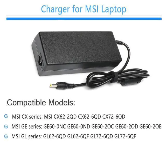 Alt view image 2 of 6 - 120W Laptop Charger Compatible with MSI CX62 GE60 GE60K GE62 GE70 GE70K GE72 GP60 GP70 GP72 GS60 GS70; MS-16GA Stealth MS-1756 MS-1757 MS-1771 MS-163A; E7235 E7405 GX660R GT628R GT628Q Power