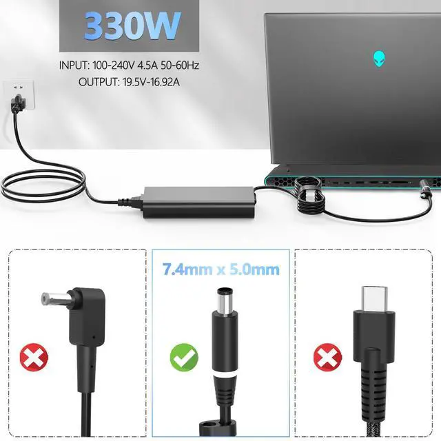 Alt view image 2 of 6 - GaN 330W 19.5V 16.92A Slim AC Charger Fit for Dell Alienware X17 X51 M18x M17 Dell G15 G16 5530 7630 7620 LA330PM201 HA330PM201 DA330PM201 Laptop Supply Power Adapter Cord