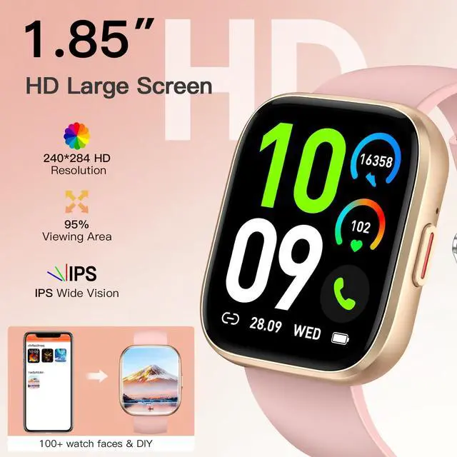 Alt view image 2 of 7 - Smart Watches for Women Men Answer/Make Call, 1.85" Fitness Watch with 120+ Sports Modes, Heart Rate/Blood Oxygen/Activity Tracker, Pedometer, IP68 SmartWatch for iPhone Android Samsung (Pink, 1.85)