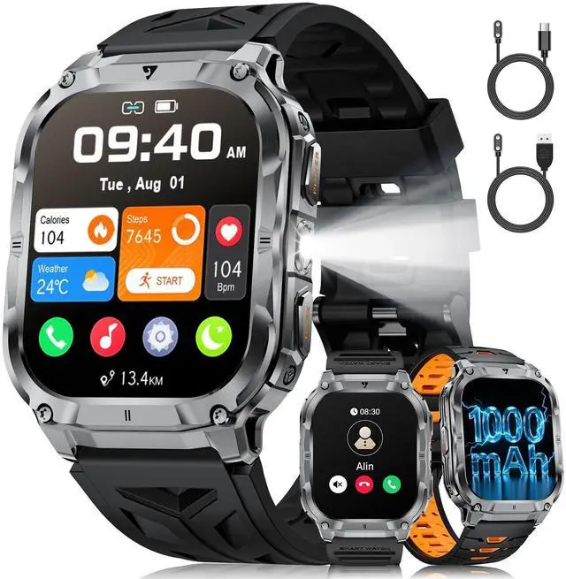 Main image of 2.0" Military Smart Watch for Men with Flashlight, Make/Answer Calls, 1000mAh, IP68 Waterproof, 100+ Sport Modes Fitness Tracker for Workout Outdoor iOS Android Compatible, Black