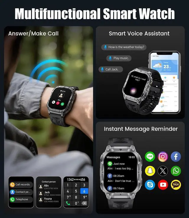 Alt view image 2 of 6 - 2.0" Military Smart Watch for Men with Flashlight, Make/Answer Calls, 1000mAh, IP68 Waterproof, 100+ Sport Modes Fitness Tracker for Workout Outdoor iOS Android Compatible, Black