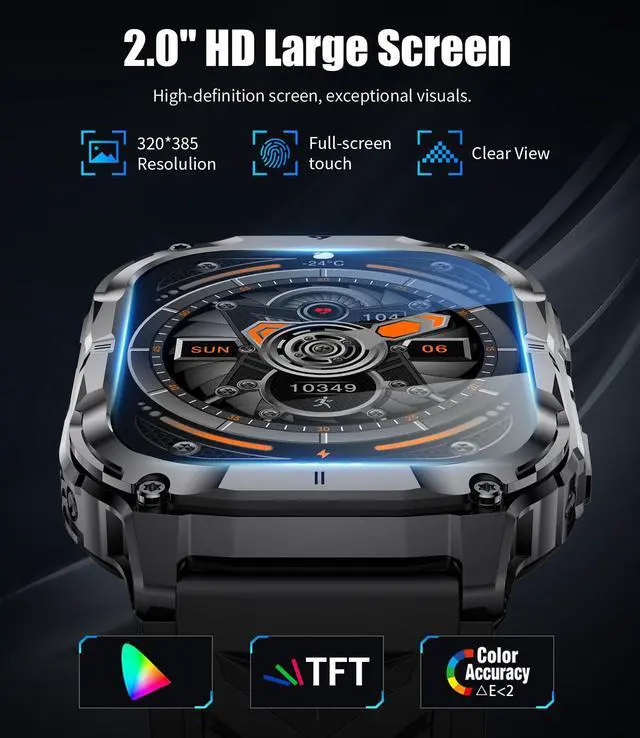 Alt view image 3 of 6 - 2.0" Military Smart Watch for Men with Flashlight, Make/Answer Calls, 1000mAh, IP68 Waterproof, 100+ Sport Modes Fitness Tracker for Workout Outdoor iOS Android Compatible, Black