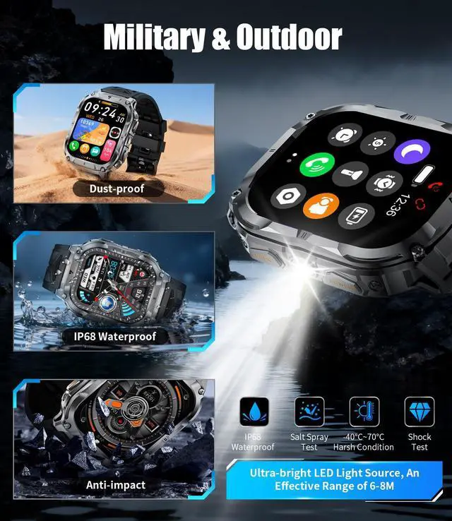 Alt view image 5 of 6 - 2.0" Military Smart Watch for Men with Flashlight, Make/Answer Calls, 1000mAh, IP68 Waterproof, 100+ Sport Modes Fitness Tracker for Workout Outdoor iOS Android Compatible, Black