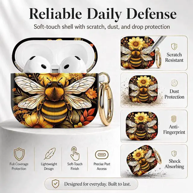 Alt view image 2 of 7 - Compatible with Airpod 4 Case,TPU Cute Pattern Protective, Shockproof Anti Scratch Case with Keychain Ring, Supports Wireless Charging(Bee Flower Leaves Sunflower Art)