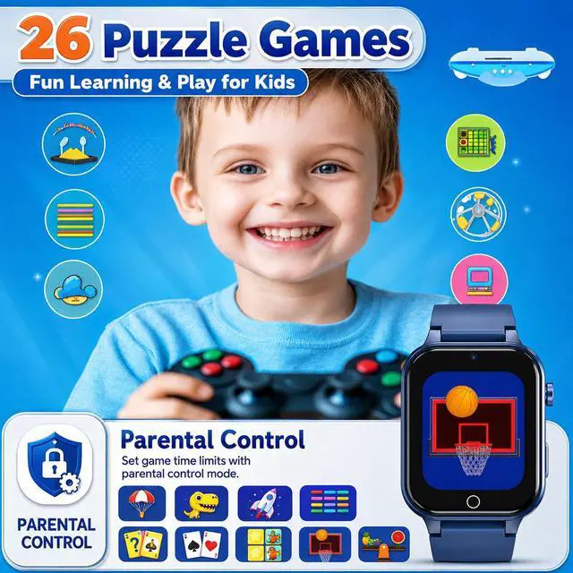 Alt view image 5 of 6 - Smart Watch for Kids 4-12 Years Boys Girls, Blue | 26 Puzzle Games, Camera, Video Music Player, Pedometer, Flashlight & Alarm Clock, Learning Education Toy