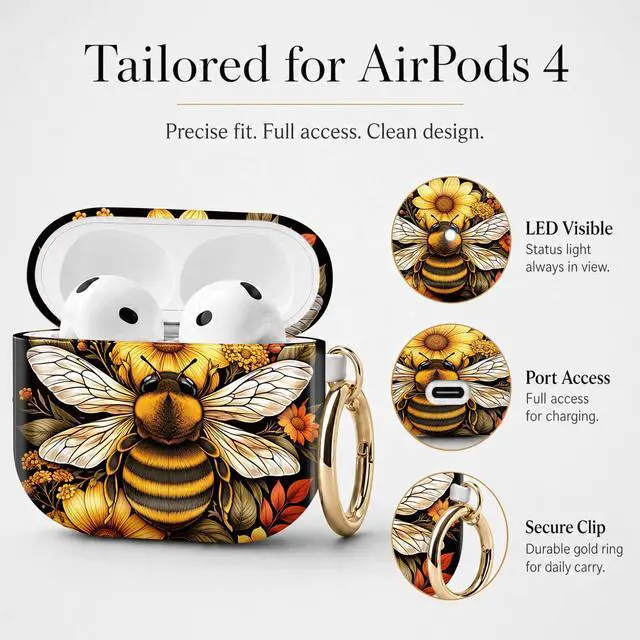 Alt view image 6 of 7 - Compatible with Airpod 4 Case,TPU Cute Pattern Protective, Shockproof Anti Scratch Case with Keychain Ring, Supports Wireless Charging(Bee Flower Leaves Sunflower Art)