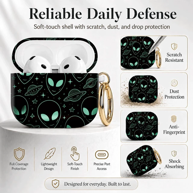 Alt view image 2 of 7 - Compatible with Airpod 4 Case,TPU Cute Pattern Protective, Shockproof Anti Scratch Case with Keychain Ring, Supports Wireless Charging(Alien Faces Spaceships Stars Planets Universe)