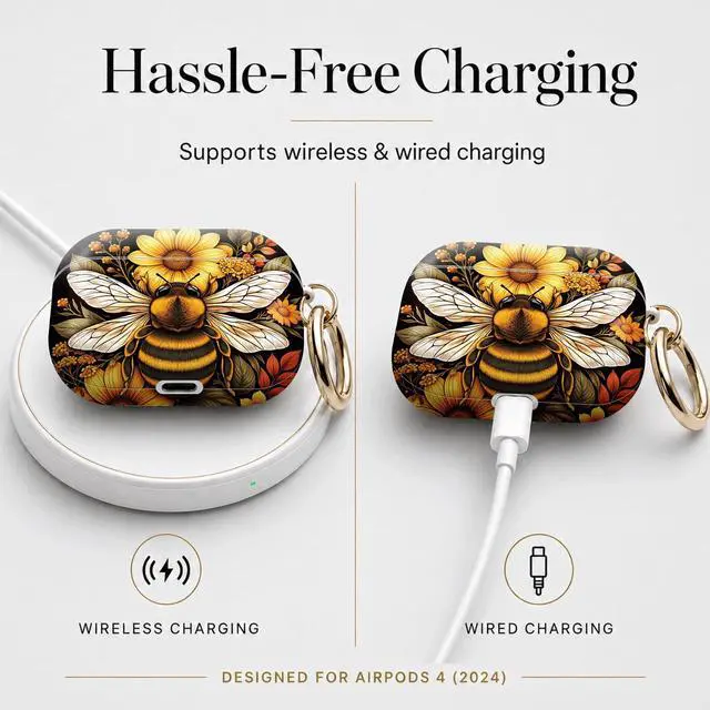 Alt view image 5 of 7 - Compatible with Airpod 4 Case,TPU Cute Pattern Protective, Shockproof Anti Scratch Case with Keychain Ring, Supports Wireless Charging(Bee Flower Leaves Sunflower Art)