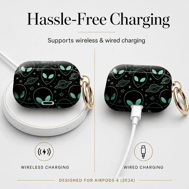 Alt view image 5 of 7 - Compatible with Airpod 4 Case,TPU Cute Pattern Protective, Shockproof Anti Scratch Case with Keychain Ring, Supports Wireless Charging(Alien Faces Spaceships Stars Planets Universe)