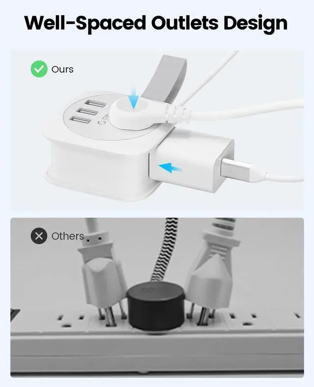Alt view image 4 of 7 - 2 Pack Travel Power Strip with USB Ports, Small Extension Cord 3 USB Ports 2 Outlets 4 Ft Wrapped Around, Compact and Portable Travel Essentials Cruise Ship Accessories Must Haves, White