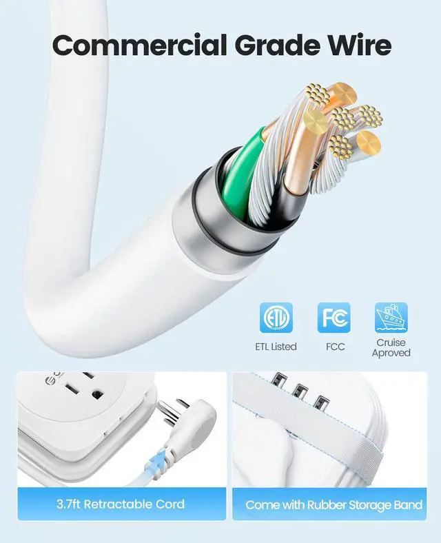 Alt view image 7 of 7 - 2 Pack Travel Power Strip with USB Ports, Small Extension Cord 3 USB Ports 2 Outlets 4 Ft Wrapped Around, Compact and Portable Travel Essentials Cruise Ship Accessories Must Haves, White