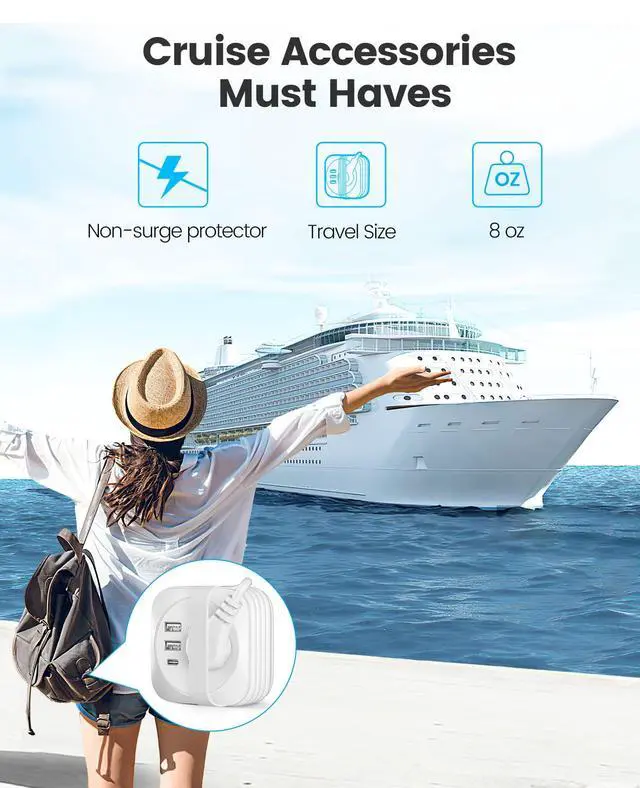 Alt view image 6 of 7 - 2 Pack Travel Power Strip with USB Ports, Small Extension Cord 3 USB Ports 2 Outlets 4 Ft Wrapped Around, Compact and Portable Travel Essentials Cruise Ship Accessories Must Haves, White