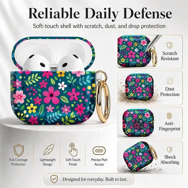 Alt view image 2 of 7 - Compatible with Airpod 4 Case,TPU Cute Pattern Protective, Shockproof Anti Scratch Case with Keychain Ring, Supports Wireless Charging(Colorful Floral with Bright Leaves)
