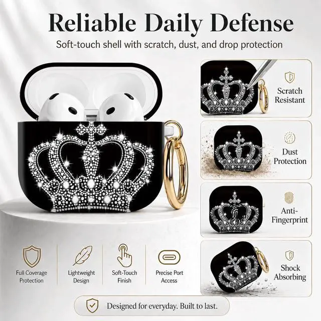 Alt view image 2 of 7 - Compatible with Airpod 4 Case,TPU Cute Pattern Protective, Shockproof Anti Scratch Case with Keychain Ring, Supports Wireless Charging(Crown with Sparkling Dots and Gems)