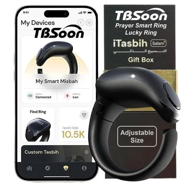 Alt view image 2 of 6 - Fashion Tasbih Smart Ring, Tasbeeh Counters, Prayer Direction Indicator Guide,5 Azan Alarm Clock,Forgiveness,Electronic Rosary,Eid al-Fitr Eid al-Adha Ramadan Gift for men women-Black Adjustable Size