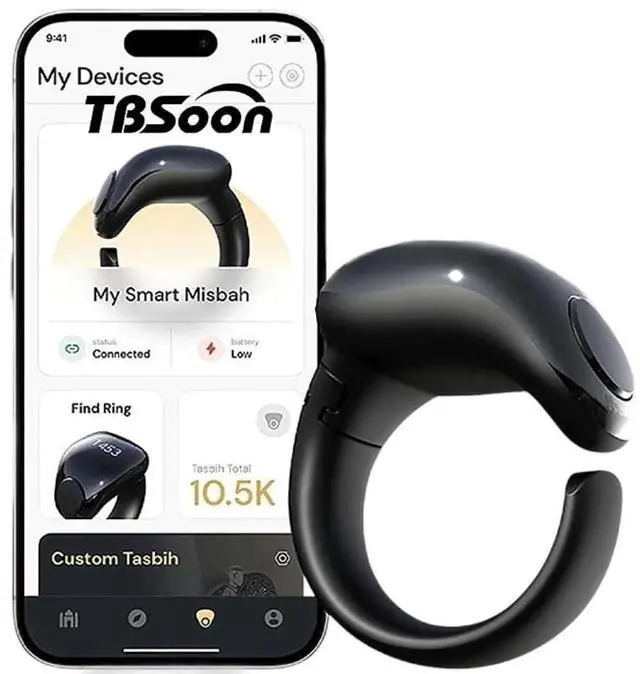 Main image of Fashion Tasbih Smart Ring, Tasbeeh Counters, Prayer Direction Indicator Guide,5 Azan Alarm Clock,Forgiveness,Electronic Rosary,Eid al-Fitr Eid al-Adha Ramadan Gift for men women-Black Adjustable Size