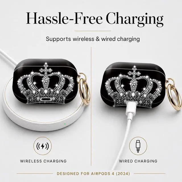 Alt view image 5 of 7 - Compatible with Airpod 4 Case,TPU Cute Pattern Protective, Shockproof Anti Scratch Case with Keychain Ring, Supports Wireless Charging(Crown with Sparkling Dots and Gems)