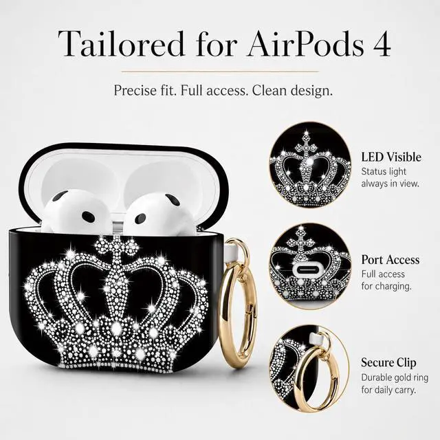 Alt view image 6 of 7 - Compatible with Airpod 4 Case,TPU Cute Pattern Protective, Shockproof Anti Scratch Case with Keychain Ring, Supports Wireless Charging(Crown with Sparkling Dots and Gems)