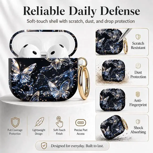 Alt view image 2 of 7 - Compatible with Airpod 4 Case,TPU Cute Pattern Protective, Shockproof Anti Scratch Case with Keychain Ring, Supports Wireless Charging(Crystal Butterflies Floating in Darkness)