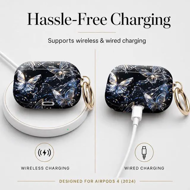 Alt view image 5 of 7 - Compatible with Airpod 4 Case,TPU Cute Pattern Protective, Shockproof Anti Scratch Case with Keychain Ring, Supports Wireless Charging(Crystal Butterflies Floating in Darkness)