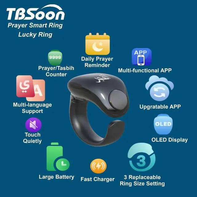 Alt view image 3 of 6 - Fashion Tasbih Smart Ring, Tasbeeh Counters, Prayer Direction Indicator Guide,5 Azan Alarm Clock,Forgiveness,Electronic Rosary,Eid al-Fitr Eid al-Adha Ramadan Gift for men women-Black Adjustable Size